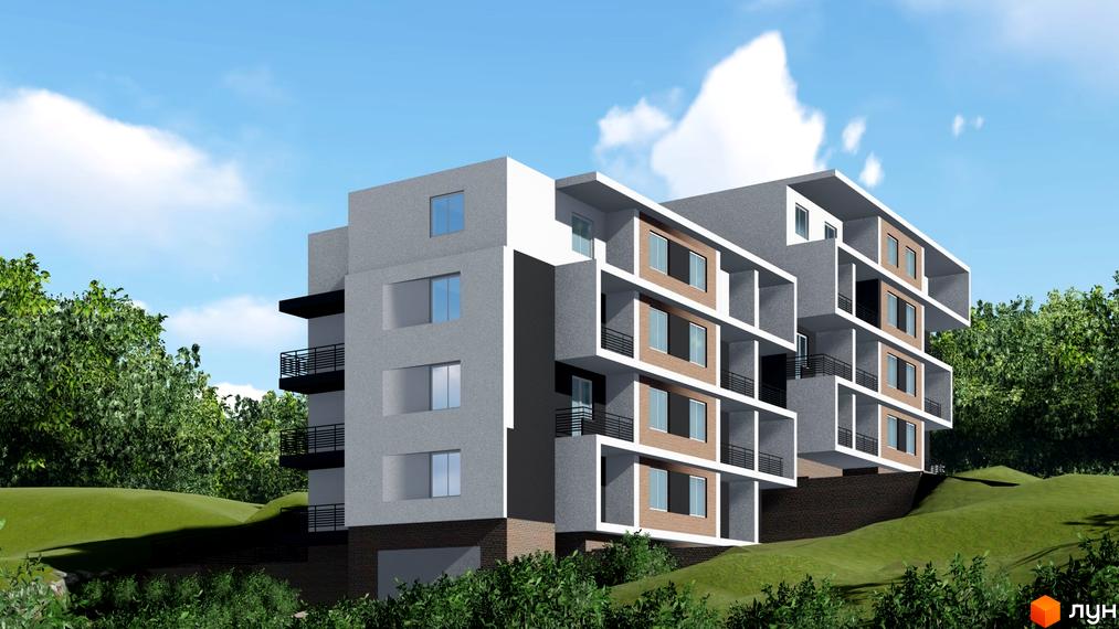 Житловий комплекс Подих Природи - це багатоповерховий будинок з балконами та великими вікнами, розташований на схилі серед зелені.