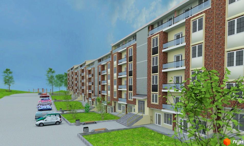 Зовнішній вигляд багатоквартирного будинку на вул. Куземського з балконами та цегляним оздобленням фасаду. Прибудинкова територія з парковкою та зеленими зонами.