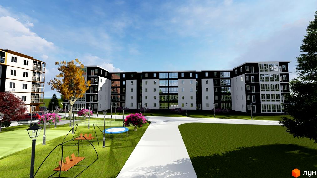 Новобудова на вул. Куземського з біло-чорним фасадом та великими вікнами, поруч дитячий майданчик з гойдалками та батутом.