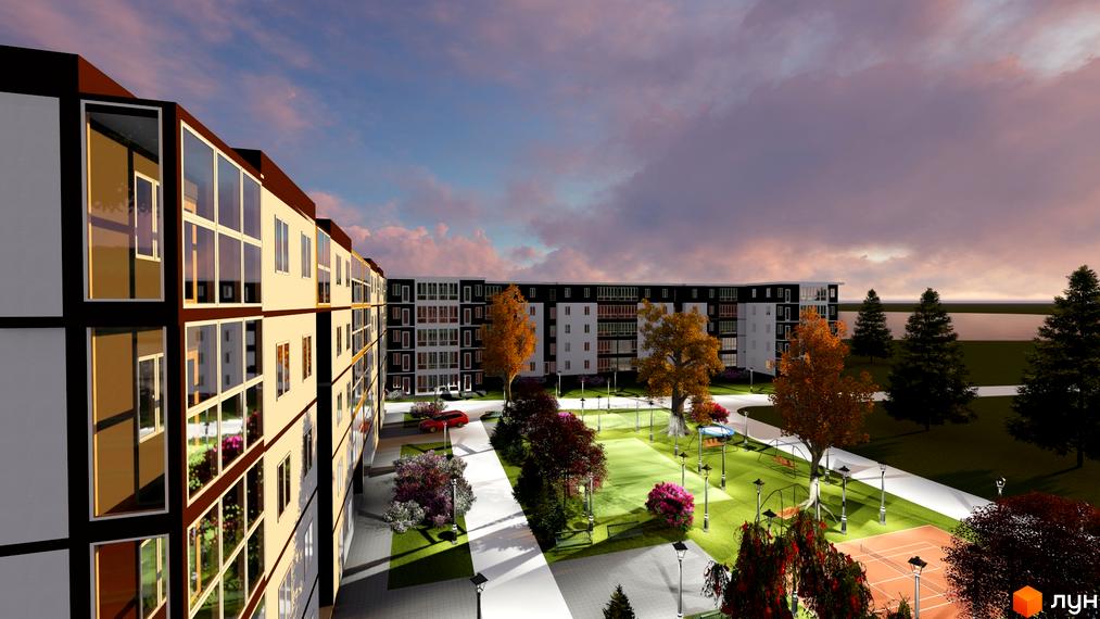 Житловий комплекс на вул. Куземського з великими вікнами та балконами, упорядкованою прибудинковою територією з дитячим майданчиком та зонами відпочинку.