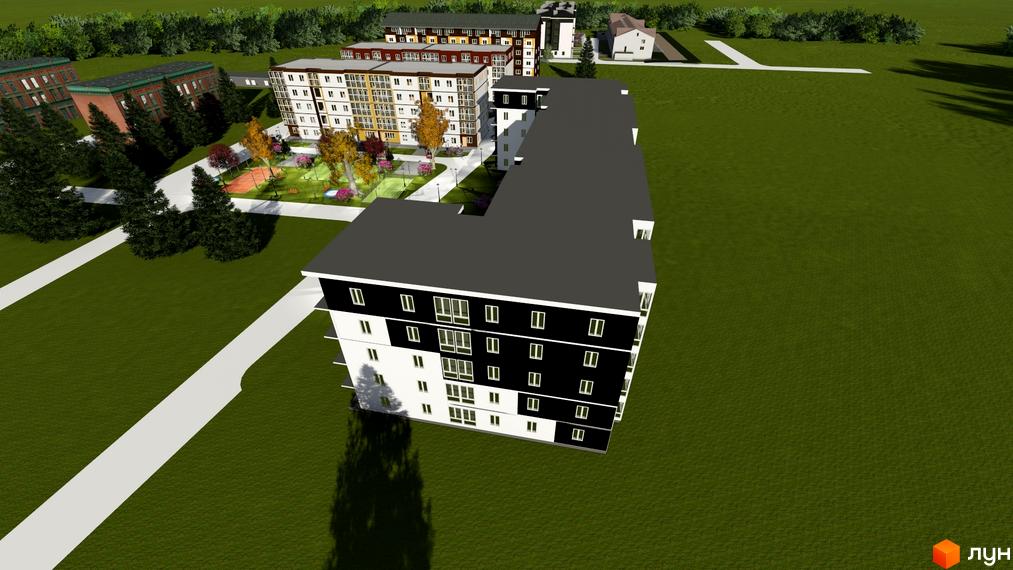 Зовнішній вигляд житлового комплексу на вулиці Куземського з багатоповерховими будинками та упорядкованою прибудинковою територією з зеленими насадженнями та зонами відпочинку.