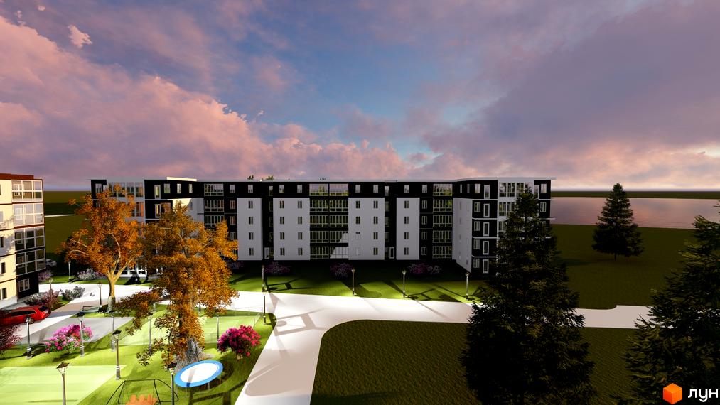 Зовнішній вигляд новобудови на вулиці Куземського з біло-чорним фасадом та прибудинковою територією з деревами та зонами відпочинку.