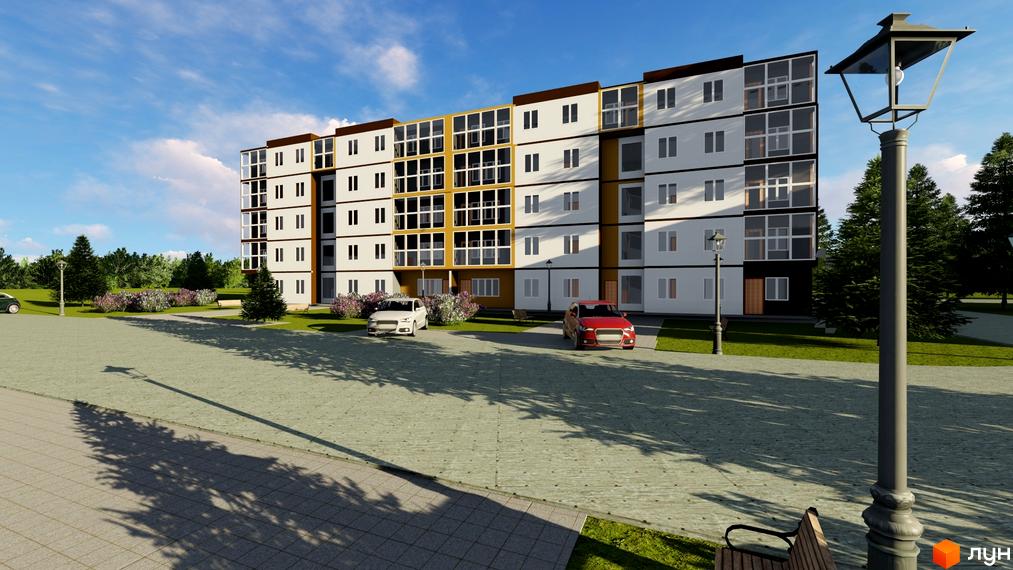 Сучасний житловий комплекс на вул. Куземського з білими фасадами та великими вікнами. На прибудинковій території розташовані зелені насадження та паркувальні місця.