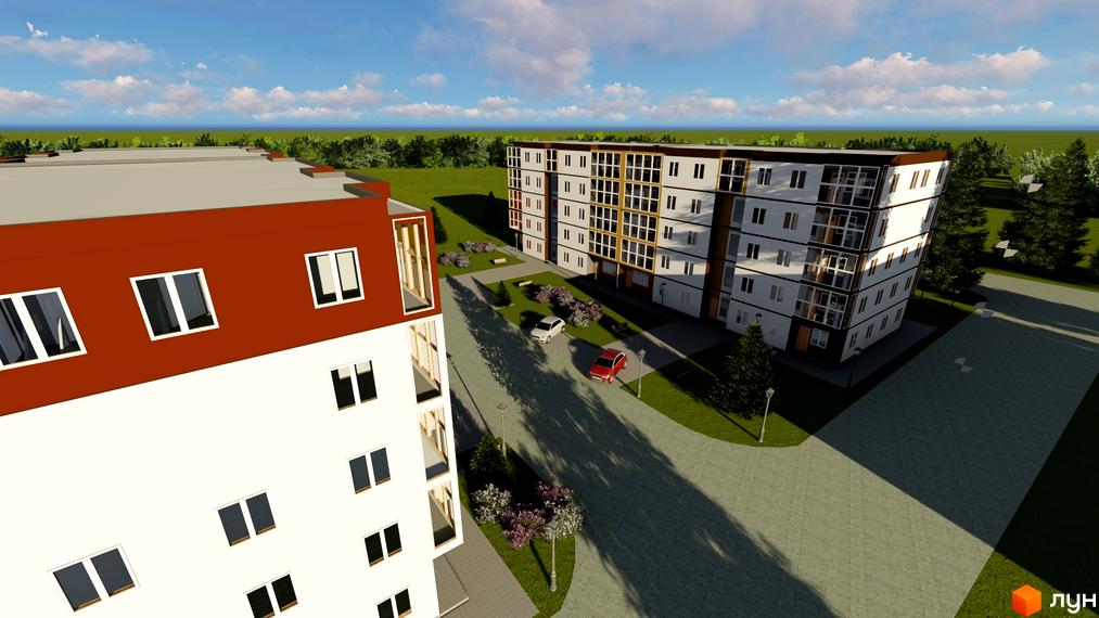 Зовнішній вигляд новобудови на вул. Куземського з прибудинковою територією та зеленими насадженнями. Фотографія житлового комплексу з кількома будинками та автомобілями.