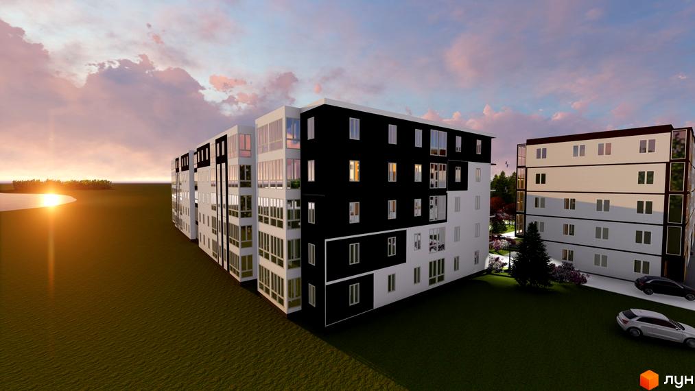 Зовнішній вигляд житлового комплексу на вул. Куземського з чорно-білими фасадами та скляними балконами. На прибудинковій території зелений газон та дерева.