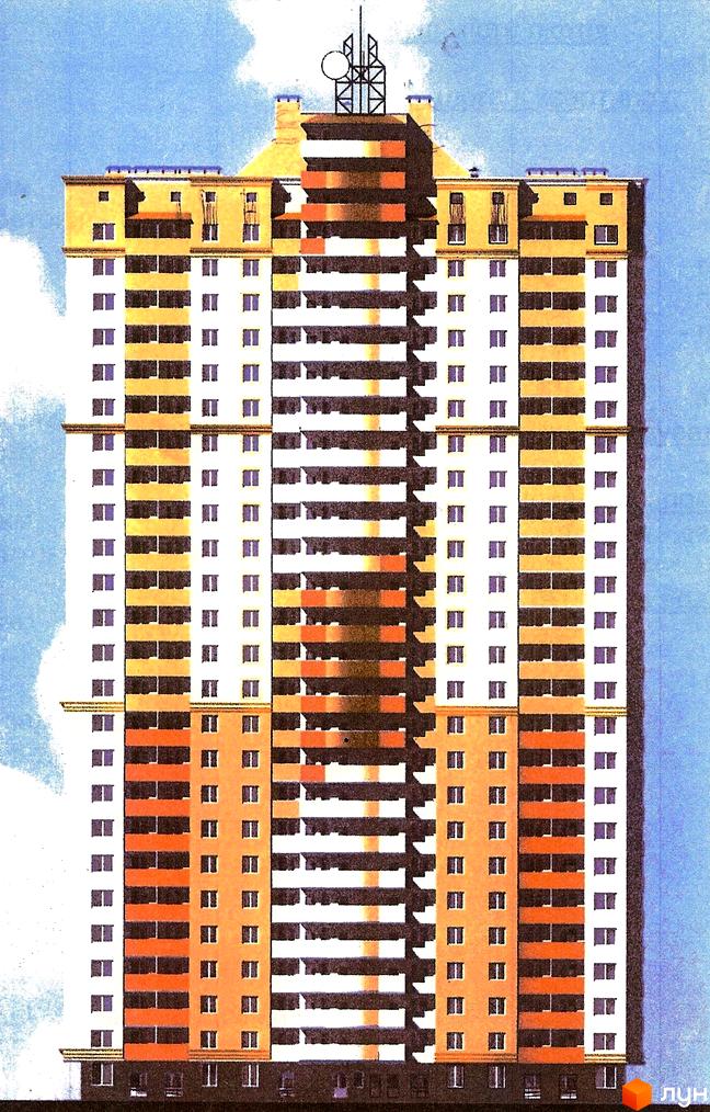 Зображення багатоповерхового будинку на вулиці Юрія Поправки, 14. Висотна будівля з великою кількістю вікон та антеною на даху.