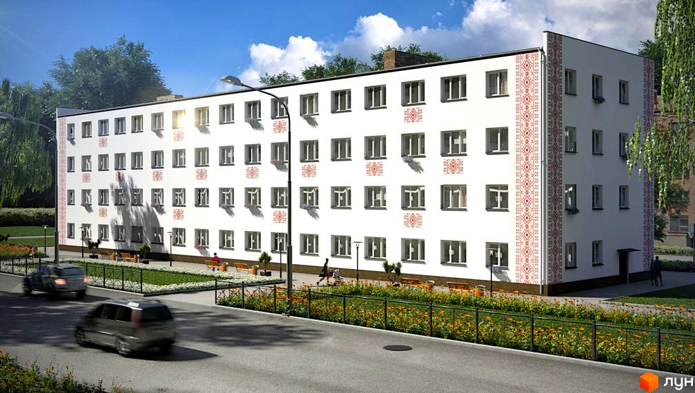 Житловий комплекс Добряночка - біла фасадна будівля з червоно-білими орнаментами та вікнами. Прибудинкова територія з доглянутою зеленню та квітами.