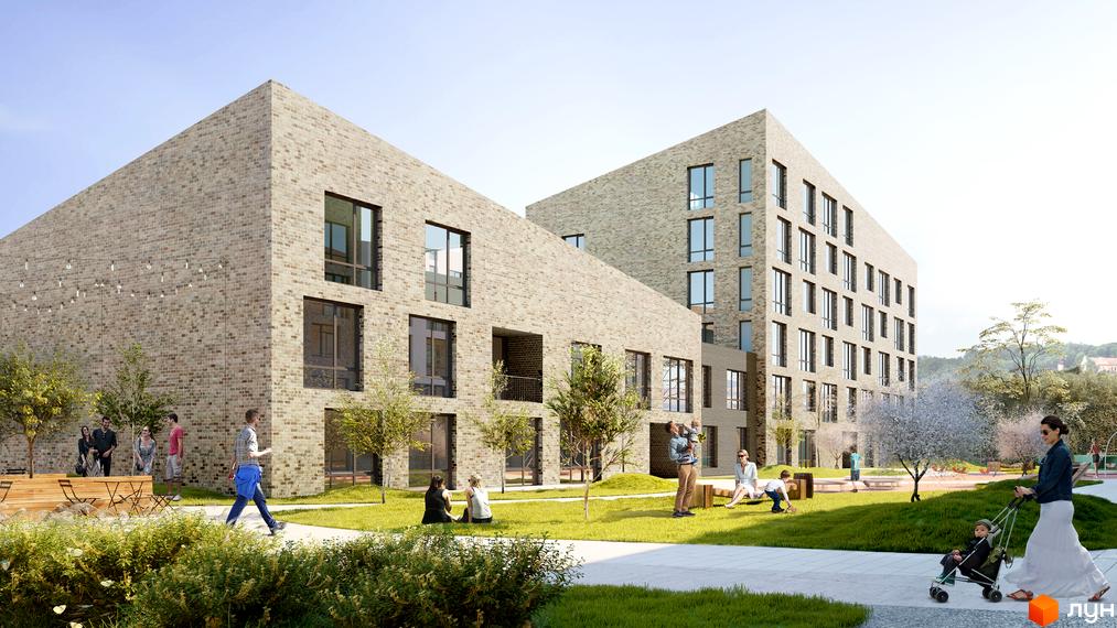 Зображення фасаду будинку Житлового комплексу Містечко Підзамче з прибудинковою територією. Навколо будинку зелений газон та пішохідні доріжки.