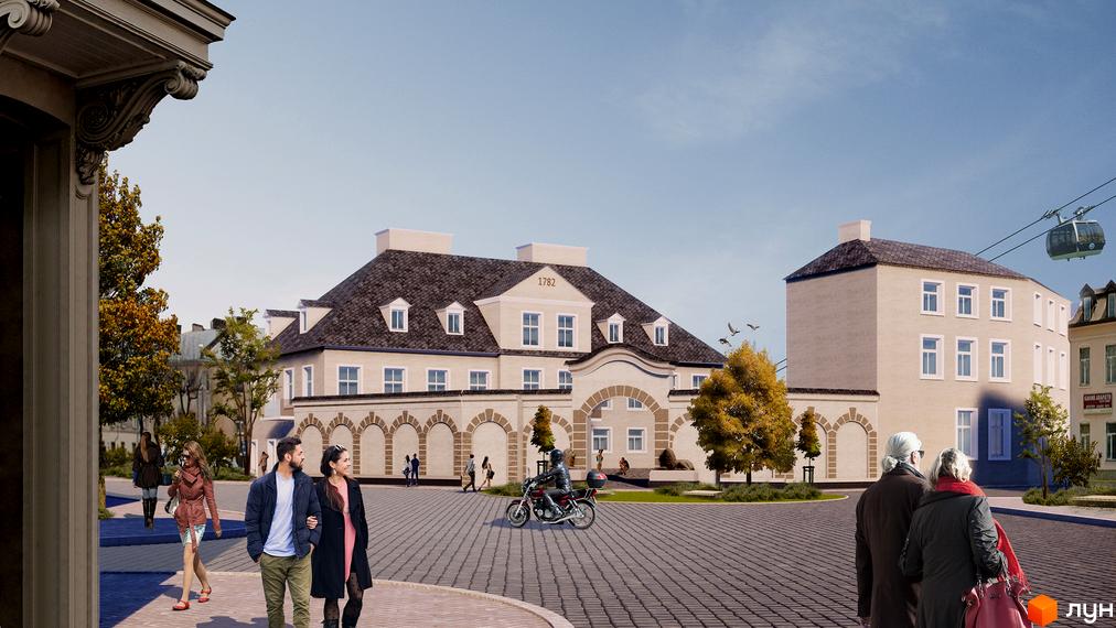 Зображення фасаду будинку Житлового комплексу Містечко Підзамче. На передньому плані пішохідна зона з бруківкою та людьми.