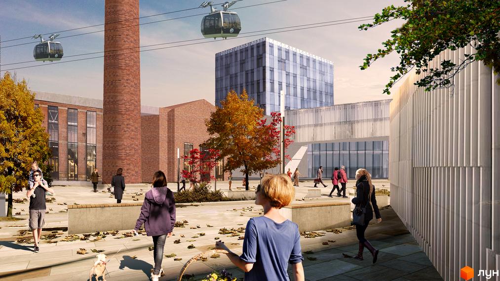 Житловий комплекс Містечко Підзамче з фунікулером та сучасними будівлями. На території комплексу розташовані дерева, пішохідні зони та люди, що прогулюються.