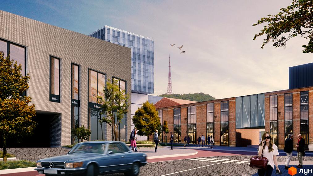 Візуалізація фасаду будинку Житлового комплексу Містечко Підзамче з прилеглою територією та дорожнім переходом.