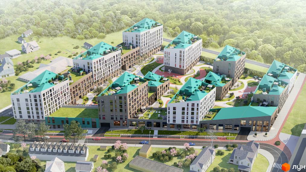Зображення житлового комплексу Містечко Підзамче з будівлями та зеленими дахами. На території є пішохідні зони та озеленення.