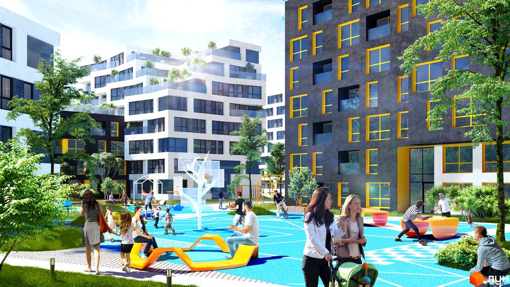 Житловий комплекс Містечко Підзамче з білими та сірими фасадами та жовтими вікнами, дитячим майданчиком та місцями для відпочинку.