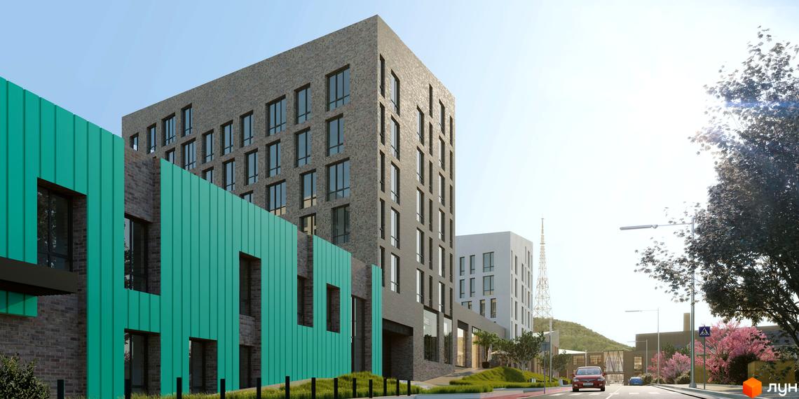 Житловий комплекс Містечко Підзамче з сірою цегляною фасадною частиною та бірюзовими елементами. Навколо зелена прибудинкова територія з деревами та дорогою.