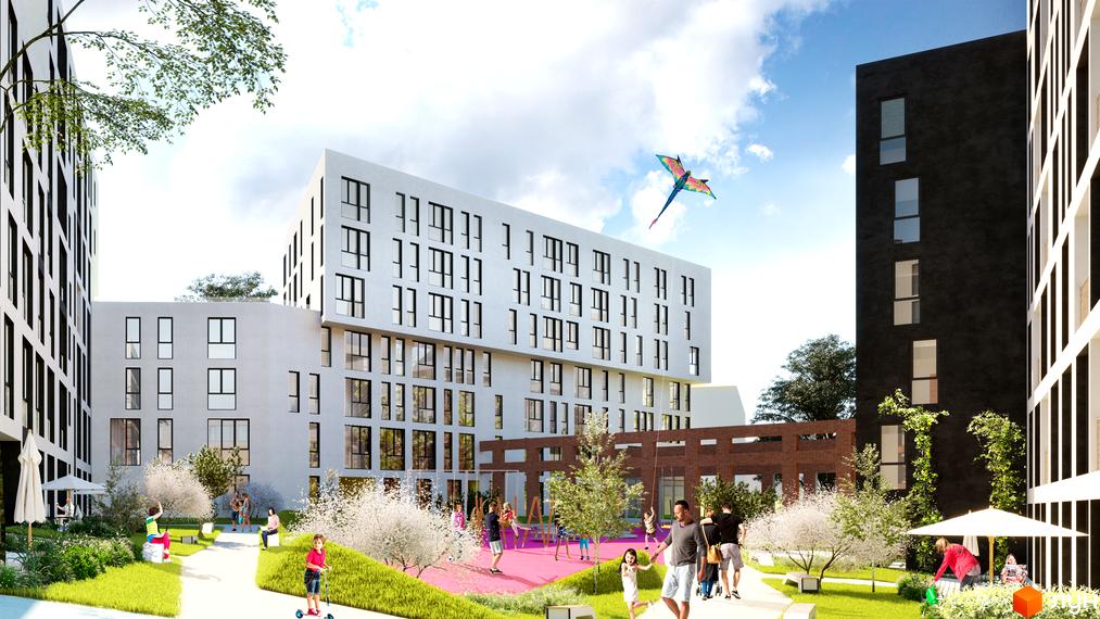 Житловий комплекс Містечко Підзамче з білими та темними фасадами, вікнами та прибудинковою територією з дитячим майданчиком та зонами відпочинку.