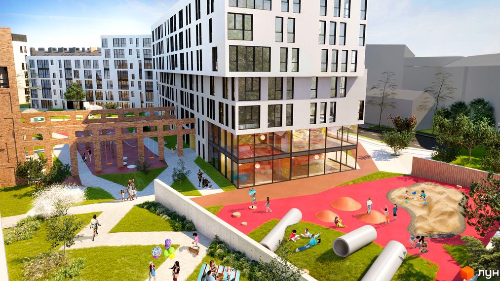 Житловий комплекс Містечко Підзамче. Сучасна архітектура будівель та облаштований дитячий майданчик з пісочницею та зонами відпочинку.