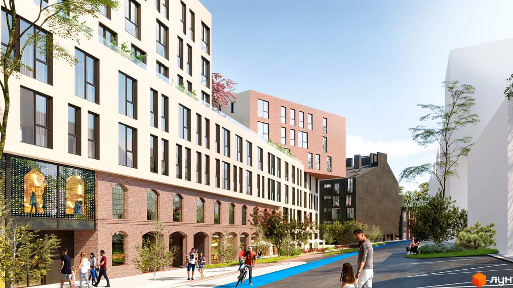 Житловий комплекс Містечко Підзамче з фасадами з цегли та світлої штукатурки, вікнами різних розмірів та прибудинковою територією з зеленими насадженнями.