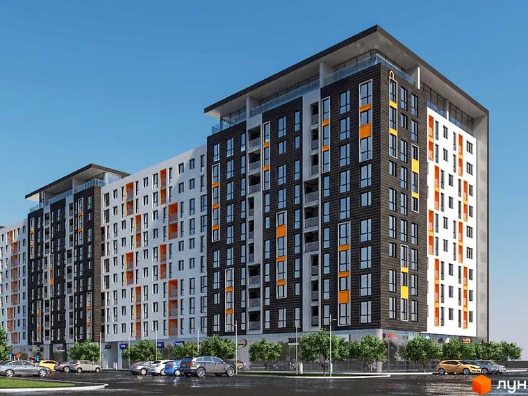 Новобудова ЖК Спортивний з фасадами чорного та білого кольорів з помаранчевими акцентами. Перед будинком розташована парковка та зелені насадження.