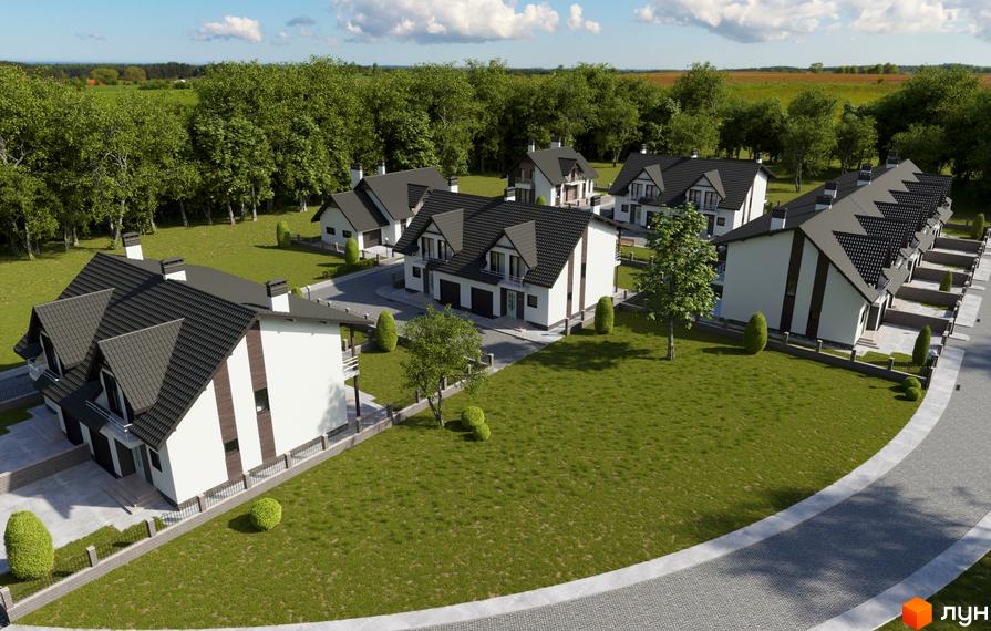 Вигляд на Котеджний комплекс Європа з будинками з темними дахами та білими стінами. Навколо зелений газон та дерева.