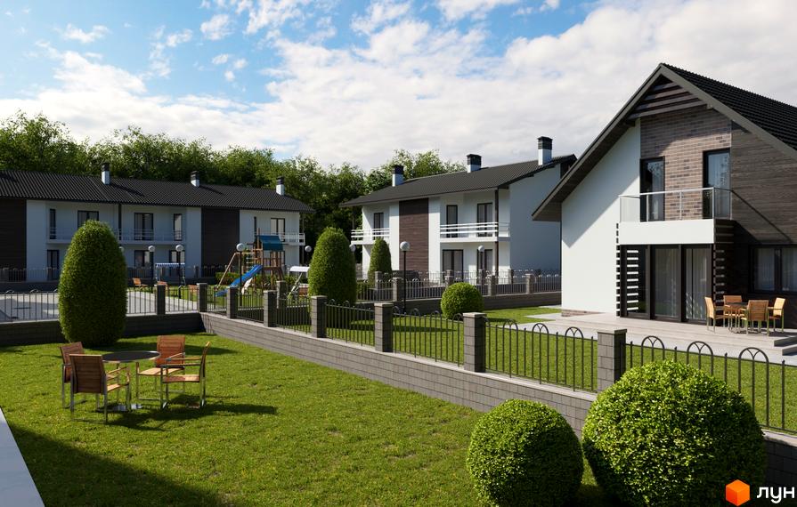 Зображення Котеджного містечка Європа з двоповерховими будинками та зеленим газоном. На території дитячий майданчик та місця для відпочинку.