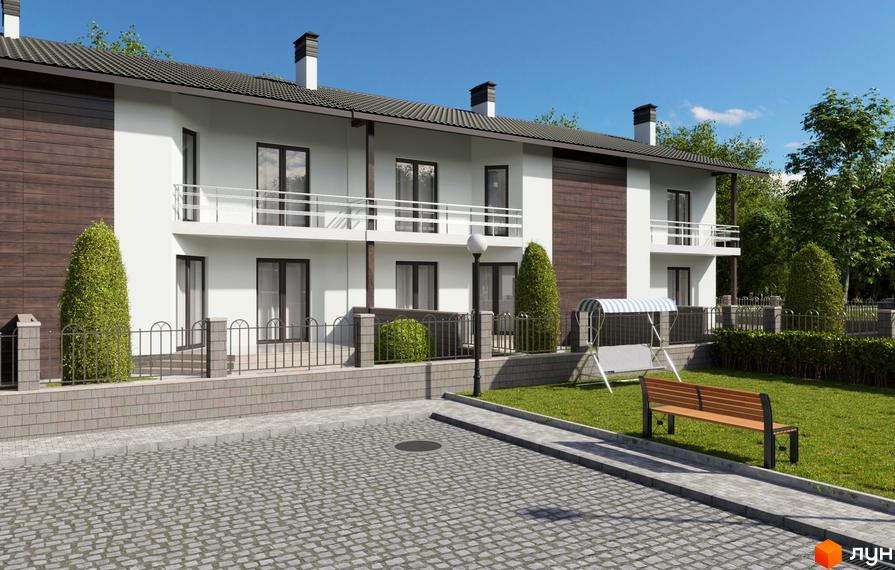 Зображення фасаду та прибудинкової території Котеджного містечка Європа. На подвір'ї лавка, гойдалка, газон та тротуарна плитка.