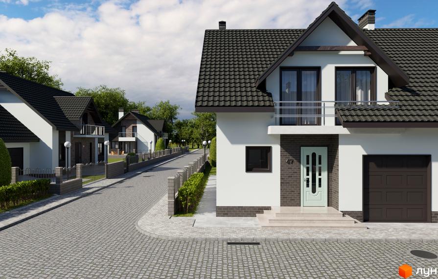 Котеджне містечко КМ Європа: фасади будинків з темним дахом та білими стінами, вимощена дорога та зелені насадження.