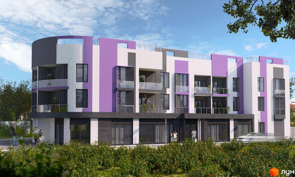 Новобудова ЖК Villa Viola з білої та фіолетової цегли з балконами та великими вікнами. Навколо зелені насадження та доглянута прибудинкова територія.