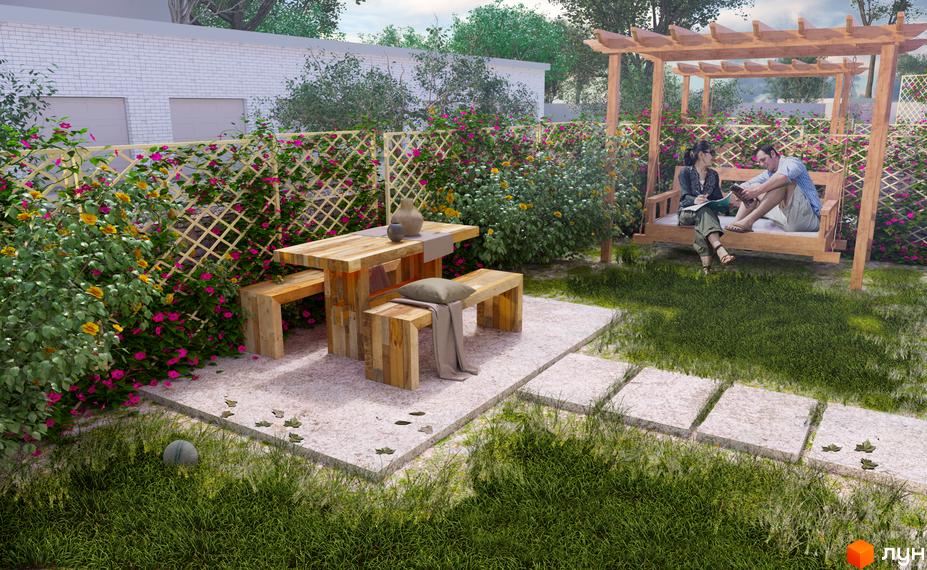 Житловий комплекс Villa Viola: затишна зона відпочинку з гойдалкою та столом на прибудинковій території. Зелений двір з квітами та деревами.