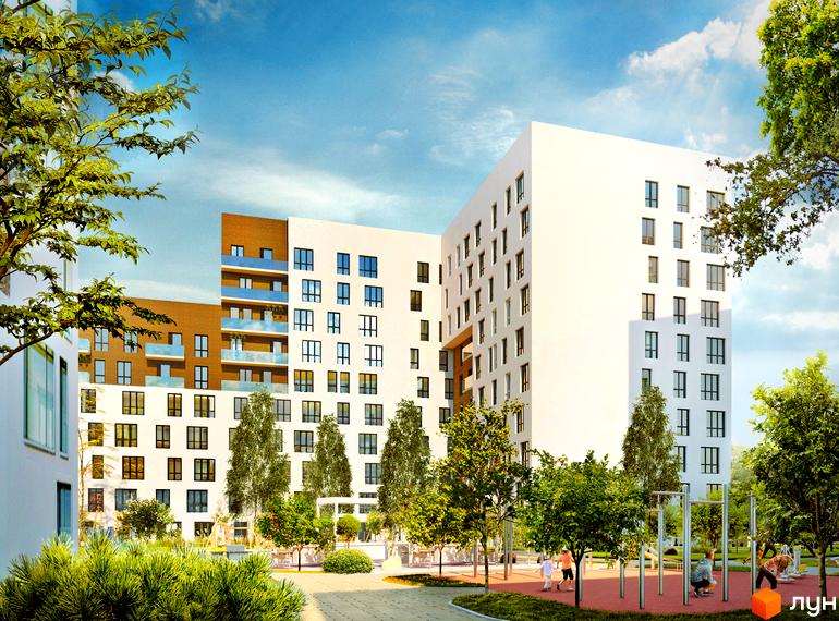 Житловий комплекс Малоголосківські пагорби. Сучасна архітектура новобудови з білими та цегляними фасадами, скляними балконами та зеленою прибудинковою територією з дитячим майданчиком.