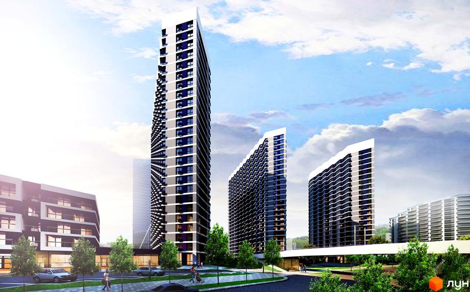 Житловий комплекс Зарічний: висотні будинки з унікальним дизайном фасаду та зелена прибудинкова територія з вулицею та пішохідними зонами.