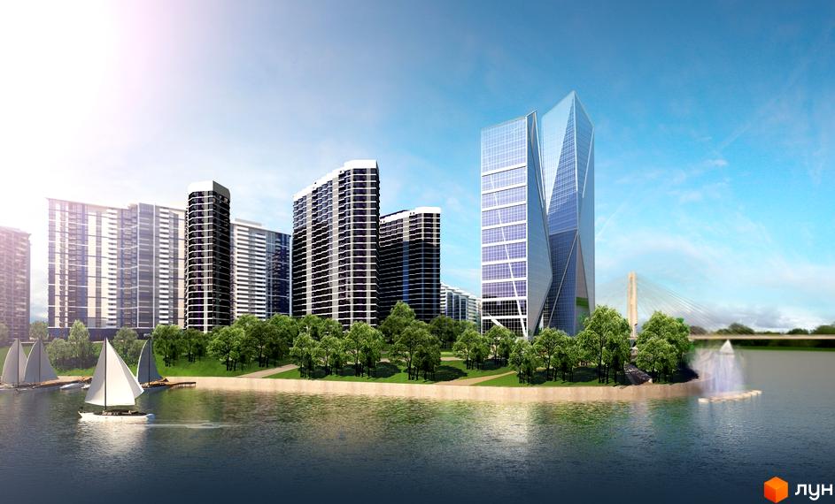 Житловий комплекс Зарічний: сучасні висотні будівлі на березі річки з яхтами та зеленими деревами. Комплекс має вигляд на міський пейзаж з мостом.