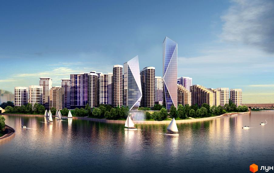 Житловий комплекс Зарічний: висотні будинки з унікальними скляними фасадами на березі річки. На воді видно вітрильники та зелені насадження.