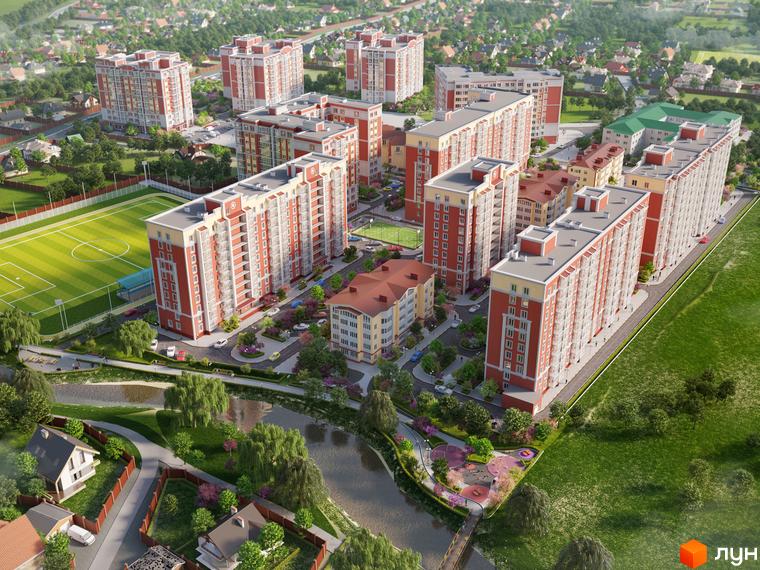 Житловий комплекс Покровський: червоно-білі багатоповерхівки з балконами, поруч футбольне поле та річка з парковою зоною.