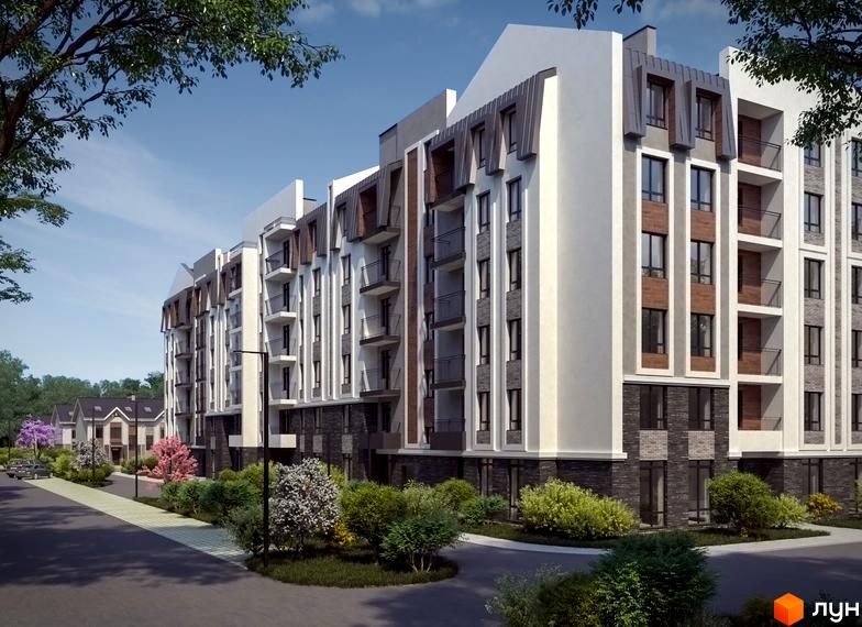 Зовнішній вигляд житлового комплексу 9 Район з цегляним оздобленням та балконами. Прибудинкова територія з деревами та кущами.