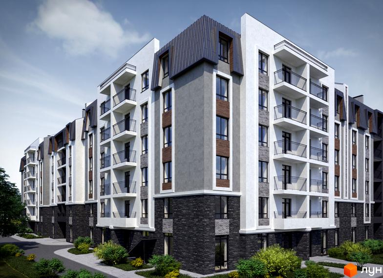 Зовнішній вигляд новобудови ЖК 9 Район з балконами та вікнами, прибудинкова територія з доріжками та кущами.