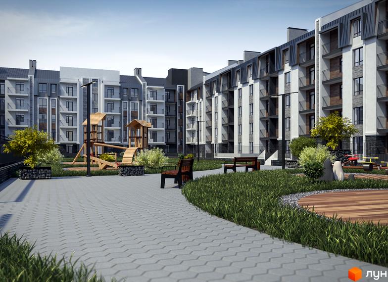 Зовнішній вигляд житлового комплексу 9 Район з дитячим майданчиком та зонами відпочинку. Сучасна архітектура та доглянута прибудинкова територія.