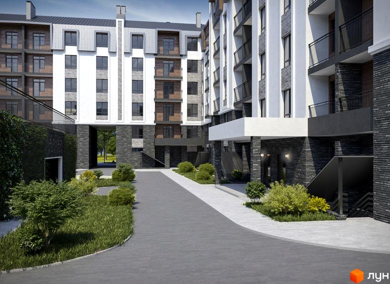 Зовнішній вигляд житлового комплексу 9 Район з сірими та білими фасадами, балконами та зеленим подвір'ям. Фото новобудови.