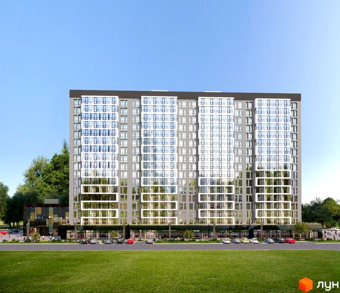 Житловий комплекс Континенталь на Валентинівській. Висотна будівля з великою кількістю вікон, розташована на тлі блакитного неба. Перед будинком зелена галявина та парковка.