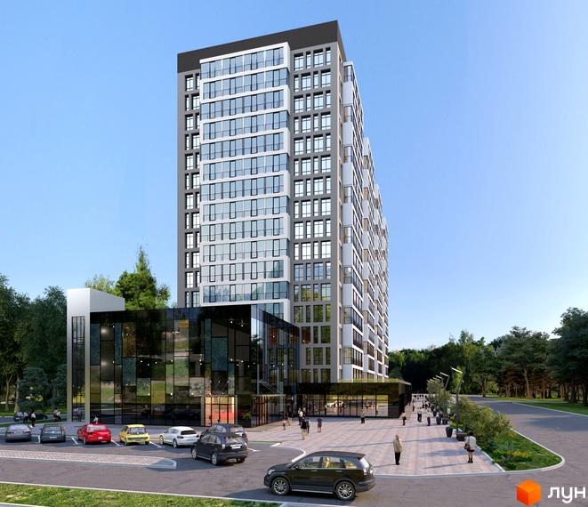 Висотна будівля ЖК Континенталь на Валентинівській з великою кількістю вікон. На передньому плані парковка та вхід до будівлі, поруч пішохідна зона.