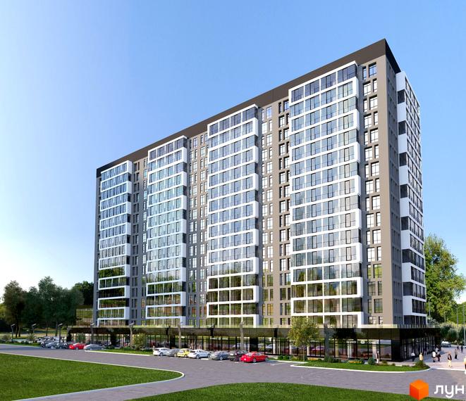 Висотна будівля Житловий комплекс Континенталь на Валентинівській з панорамними вікнами. На першому поверсі розташовані комерційні приміщення, перед будинком парковка та зелена зона.