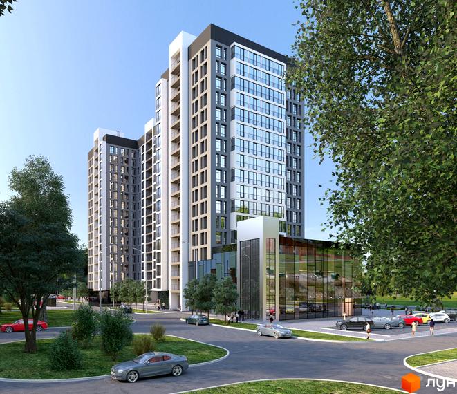 Висотна новобудова ЖК Континенталь на Валентинівській з панорамним склінням. На прибудинковій території є парковка та зелені насадження.