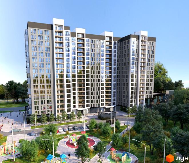 Високоповерхова новобудова ЖК Континенталь на Валентинівській з великою кількістю вікон. На території комплексу облаштовані дитячі майданчики та зелені зони.