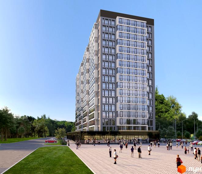 Висотна будівля ЖК Континенталь на Валентинівській з великими вікнами. Навколо будинку простора площа з пішоходами та зелені насадження.