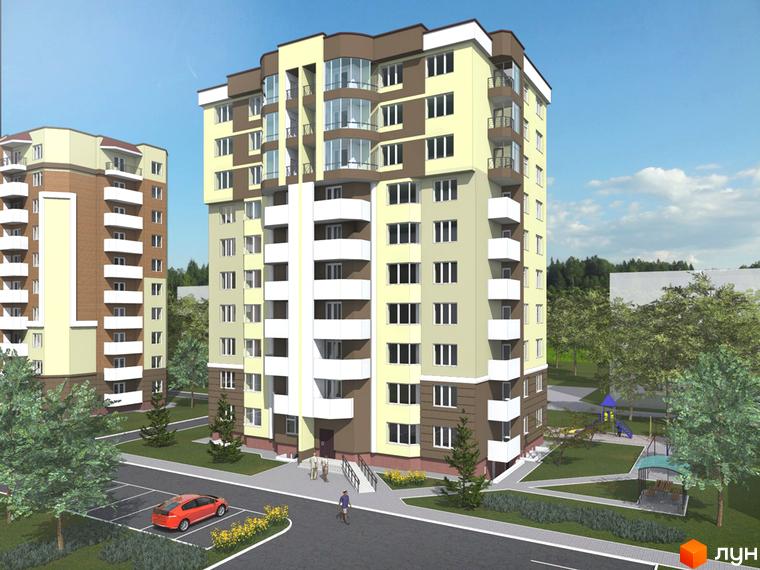 Сучасний житловий комплекс на вулиці Тролейбусна, 4, з багатоповерховими будинками світло-бежевого та коричневого кольорів, балконами та прибудинковою територією з дитячим майданчиком та паркуванням.