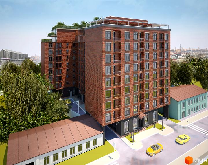 Зображення фасаду та прибудинкової території Житлового комплексу Бруклін. Цегляний будинок з балконами, поруч зелені дерева та дорога.