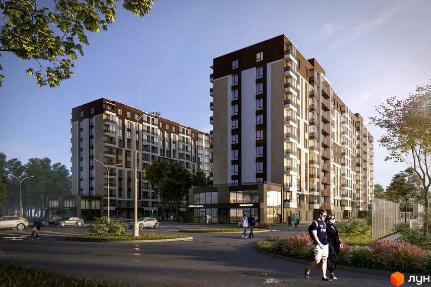 Житловий комплекс Ранкове Family: два багатоповерхові будинки з балконами та комерційними приміщеннями на першому поверсі, оточені зеленими насадженнями та дорогою.