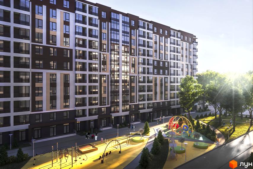 Житловий комплекс Ранкове Family: багатоповерховий будинок з фасадом у коричневих та світлих відтінках, поруч дитячий майданчик та зелені зони.