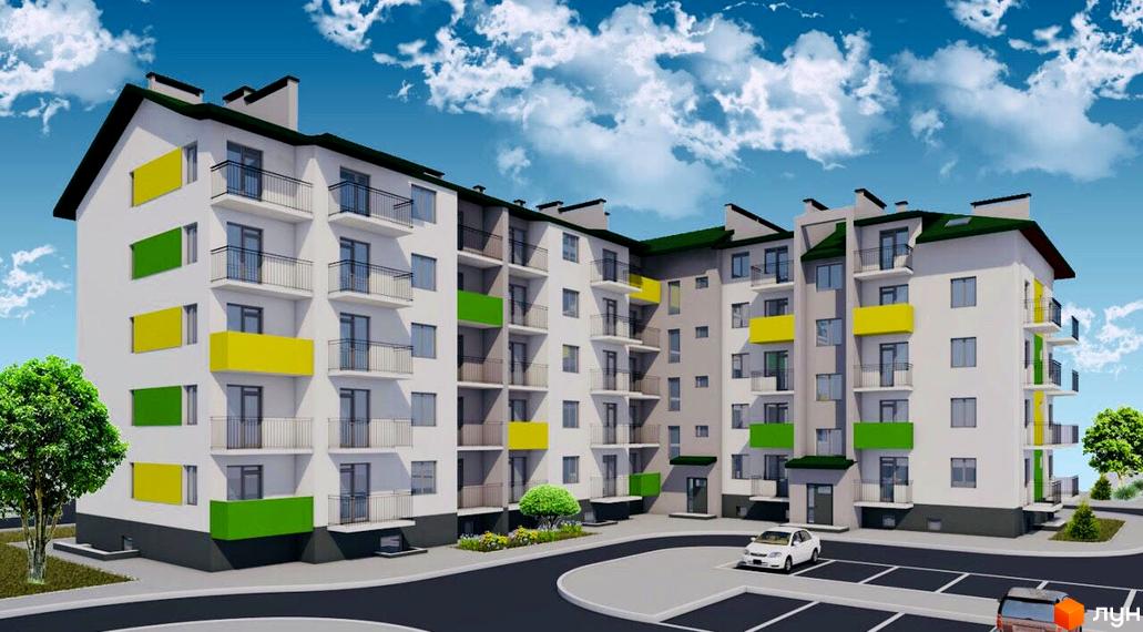 Житловий комплекс Південний: білий будинок з зеленими та жовтими балконами, темно-зеленим дахом. На території є дорога, парковка та дерева.