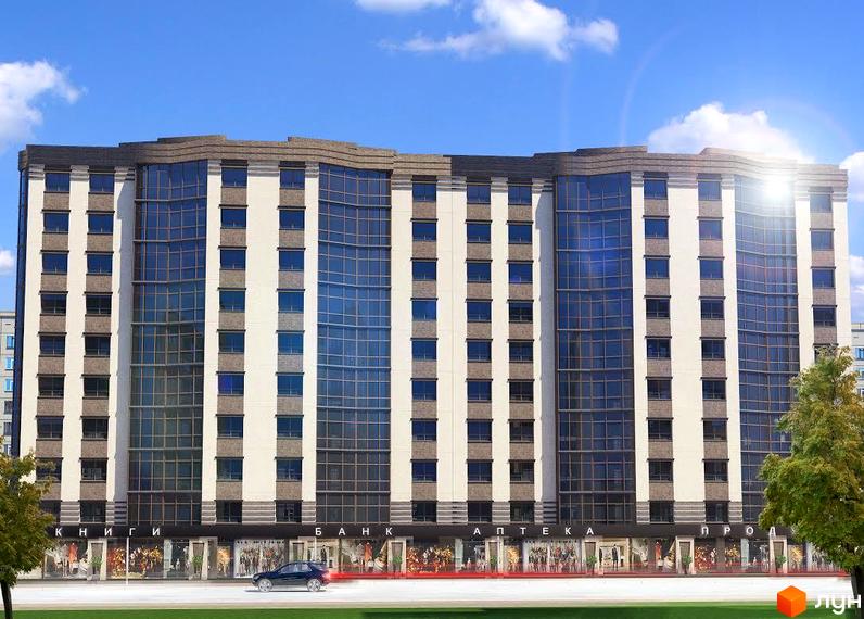 Фасад житлового комплексу Престиж з великою кількістю вікон та комерційними приміщеннями на першому поверсі. Поруч дорога з автомобілем та зелені насадження.