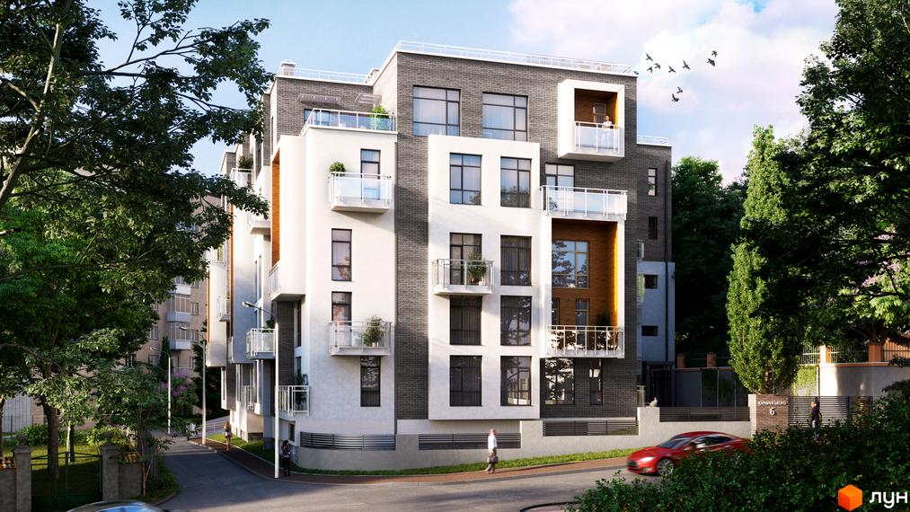 Клубний будинок „Мій на Карманського“: фасад будівлі з білою та сірою цегляною обробкою, скляними балконами та великими вікнами. Прибудинкова територія з деревами та дорогою.